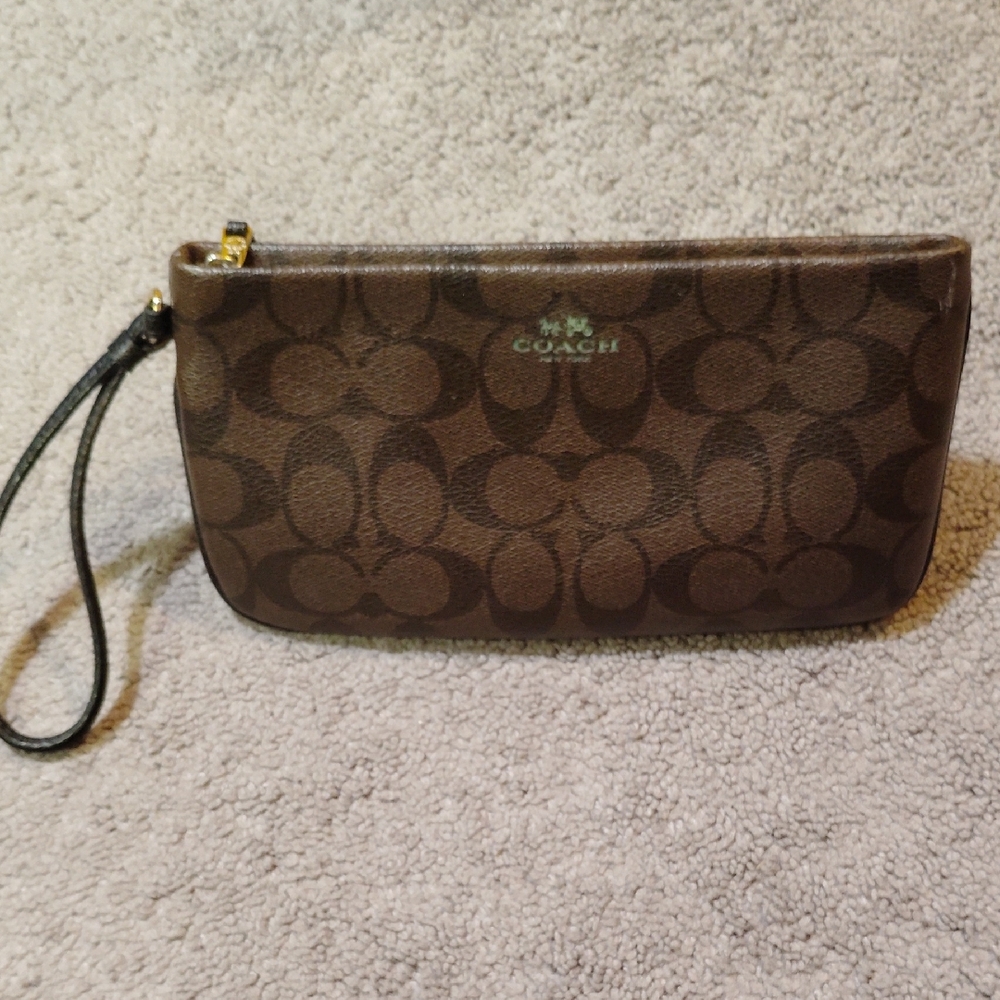 Coach Brown Signature Canvas Wristlet with Leather Strap EUC